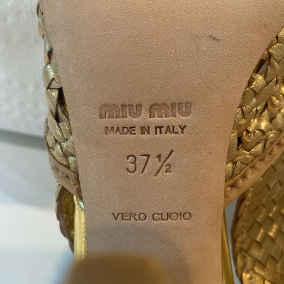 Miu Miu Gold Metallic Braided Leather Open Toe Slingback Sandals Size 37.5 EUC - Picture 7 of 15